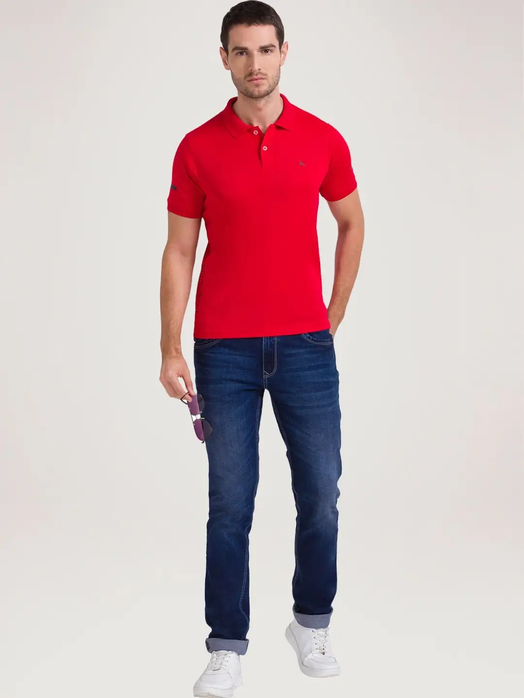 Men Red Regular Fit Solid Polyester Round Neck Collar Polo T-Shirt - Image 2