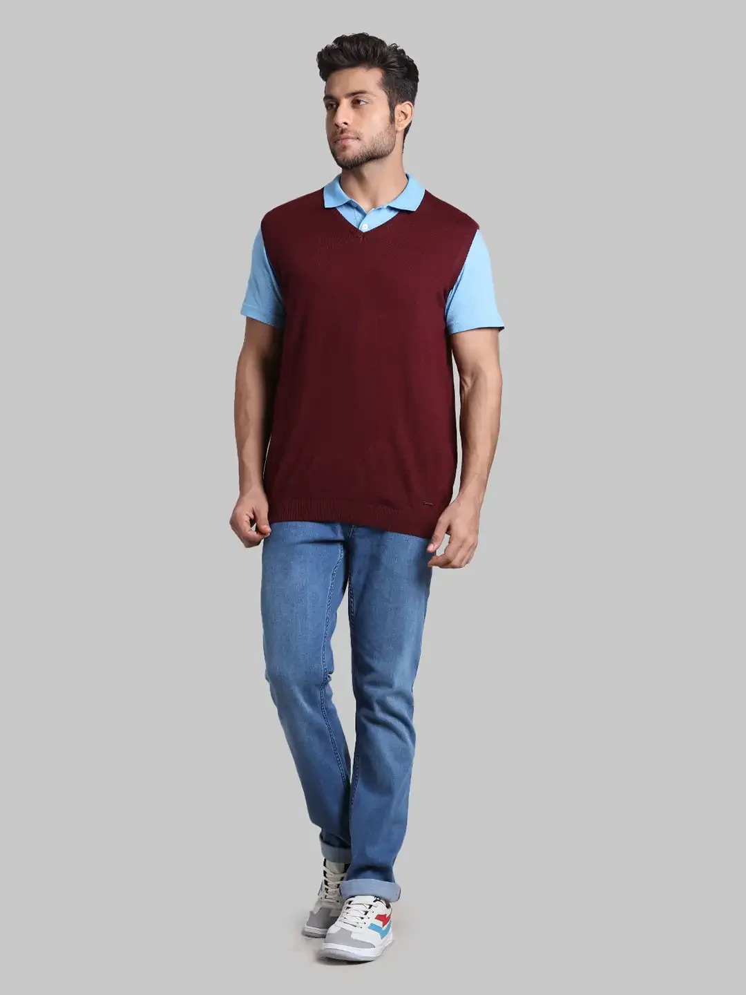 Men Red Regular Fit Solid Wool Blend Sleeveless V Neck Collar Sweaters - Image 5
