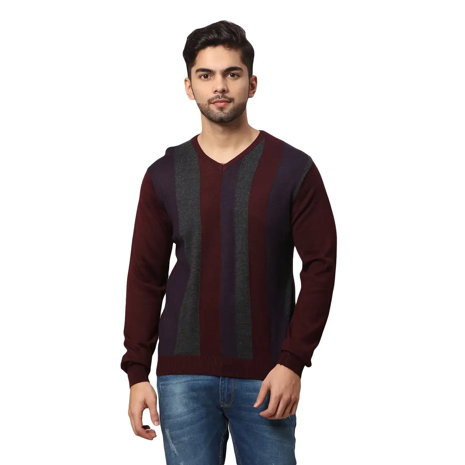 Men Red Regular Fit Stripe Acrylic Blend Full Sleeve V Neck Collar Sweaters