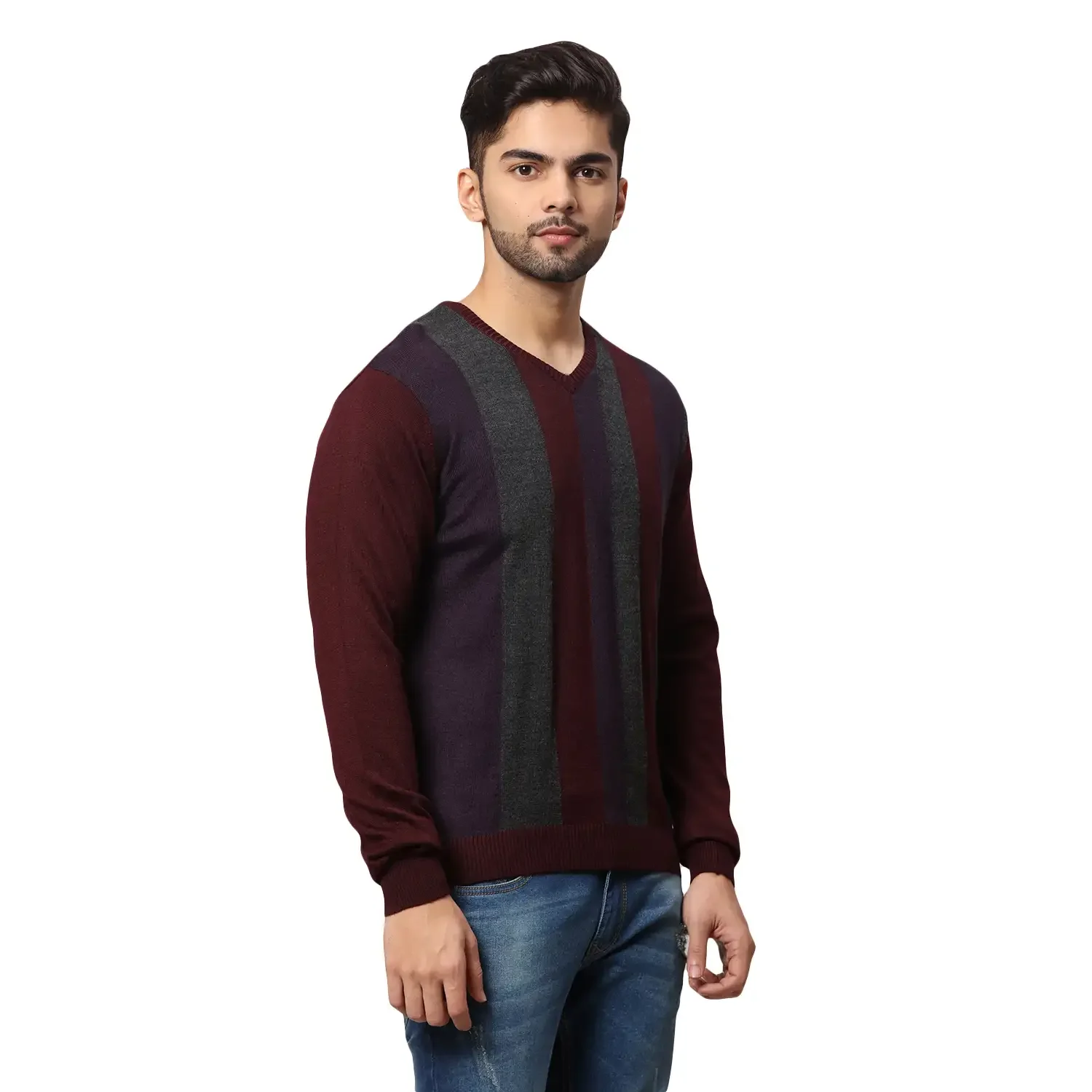 Men Red Regular Fit Stripe Acrylic Blend Full Sleeve V Neck Collar Sweaters - Image 2