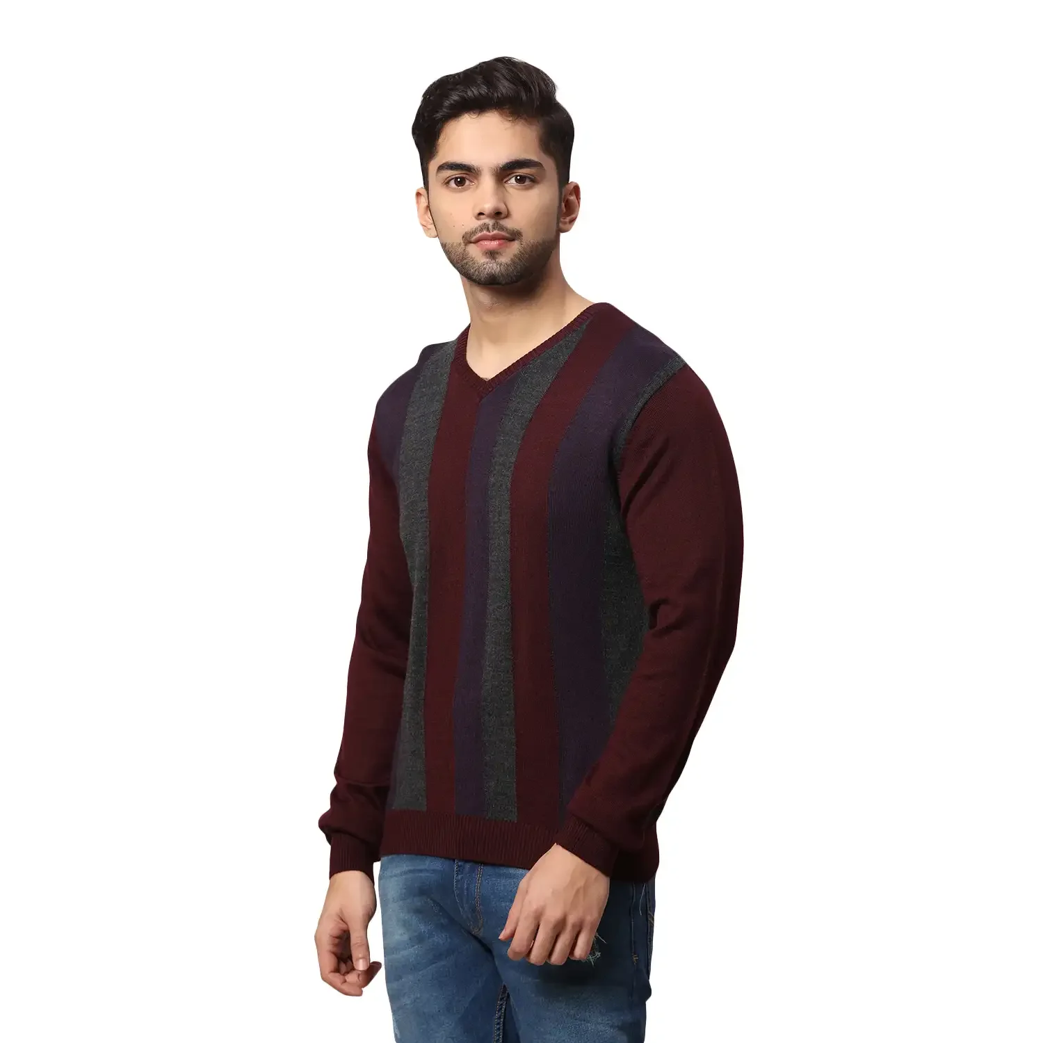 Men Red Regular Fit Stripe Acrylic Blend Full Sleeve V Neck Collar Sweaters - Image 3