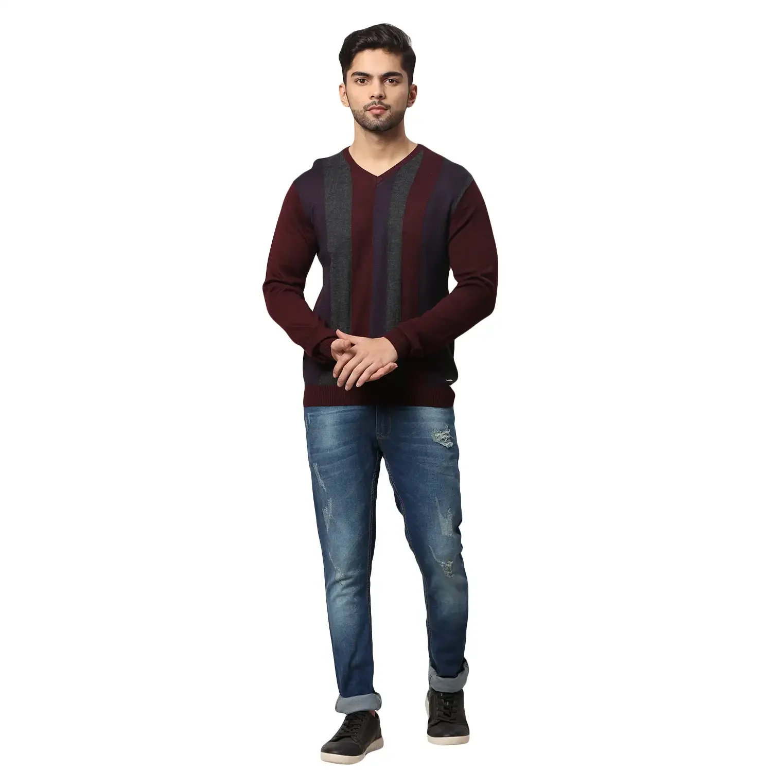 Men Red Regular Fit Stripe Acrylic Blend Full Sleeve V Neck Collar Sweaters - Image 5