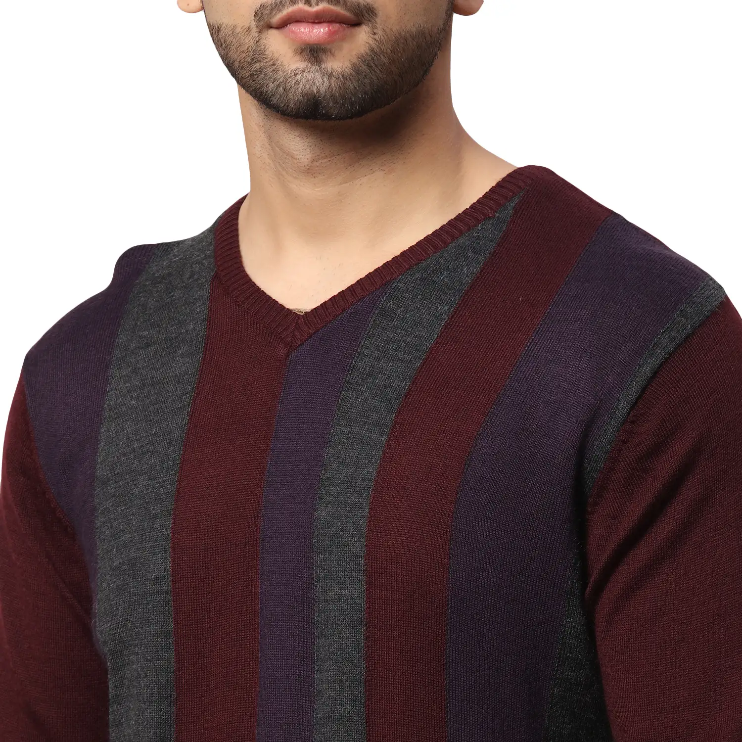 Men Red Regular Fit Stripe Acrylic Blend Full Sleeve V Neck Collar Sweaters - Image 6