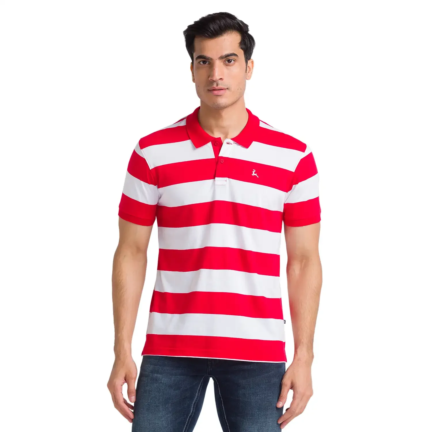 Men Red Regular Fit Stripe Cotton Round Neck Collar Polo T-Shirt