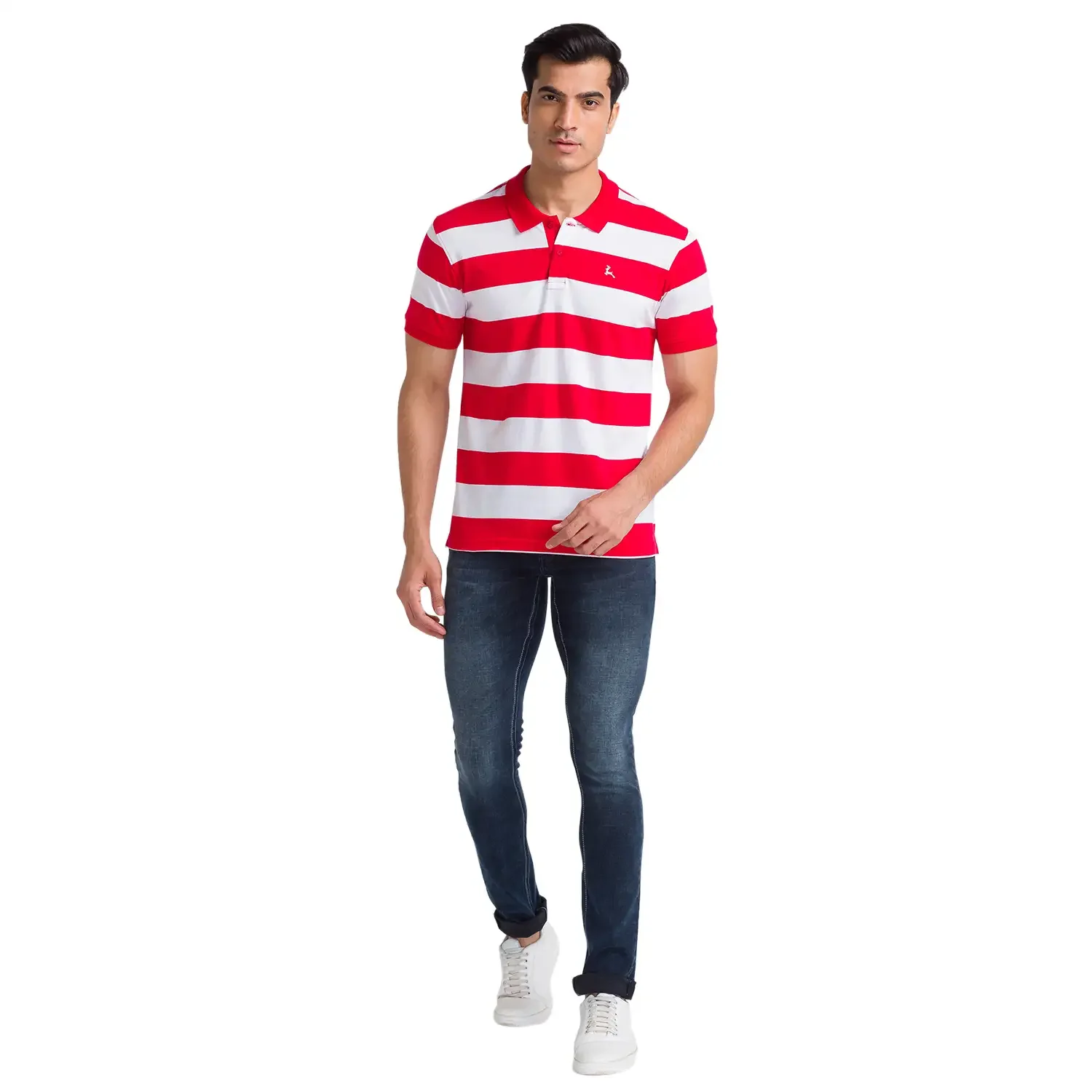 Men Red Regular Fit Stripe Cotton Round Neck Collar Polo T-Shirt - Image 5