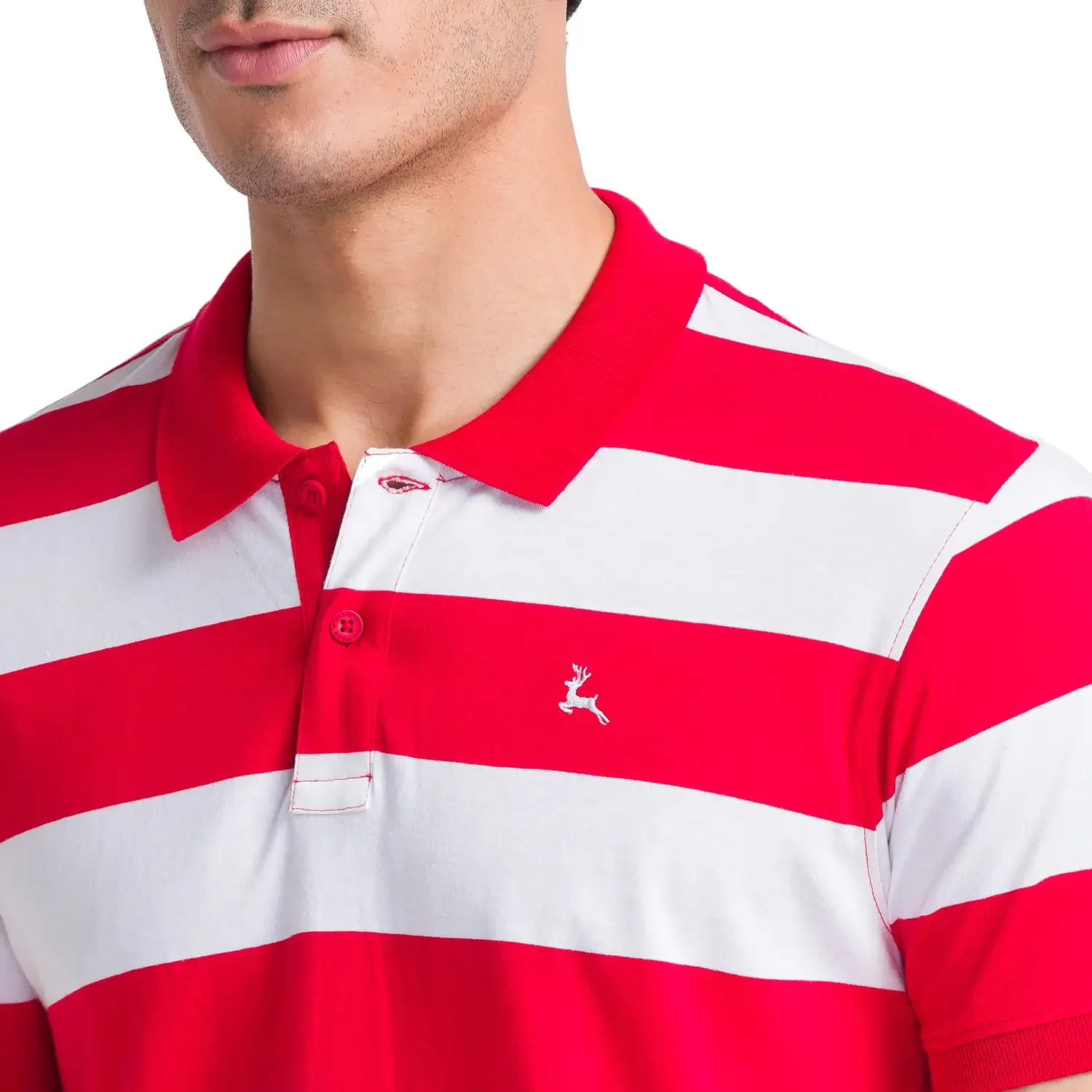 Men Red Regular Fit Stripe Cotton Round Neck Collar Polo T-Shirt - Image 6