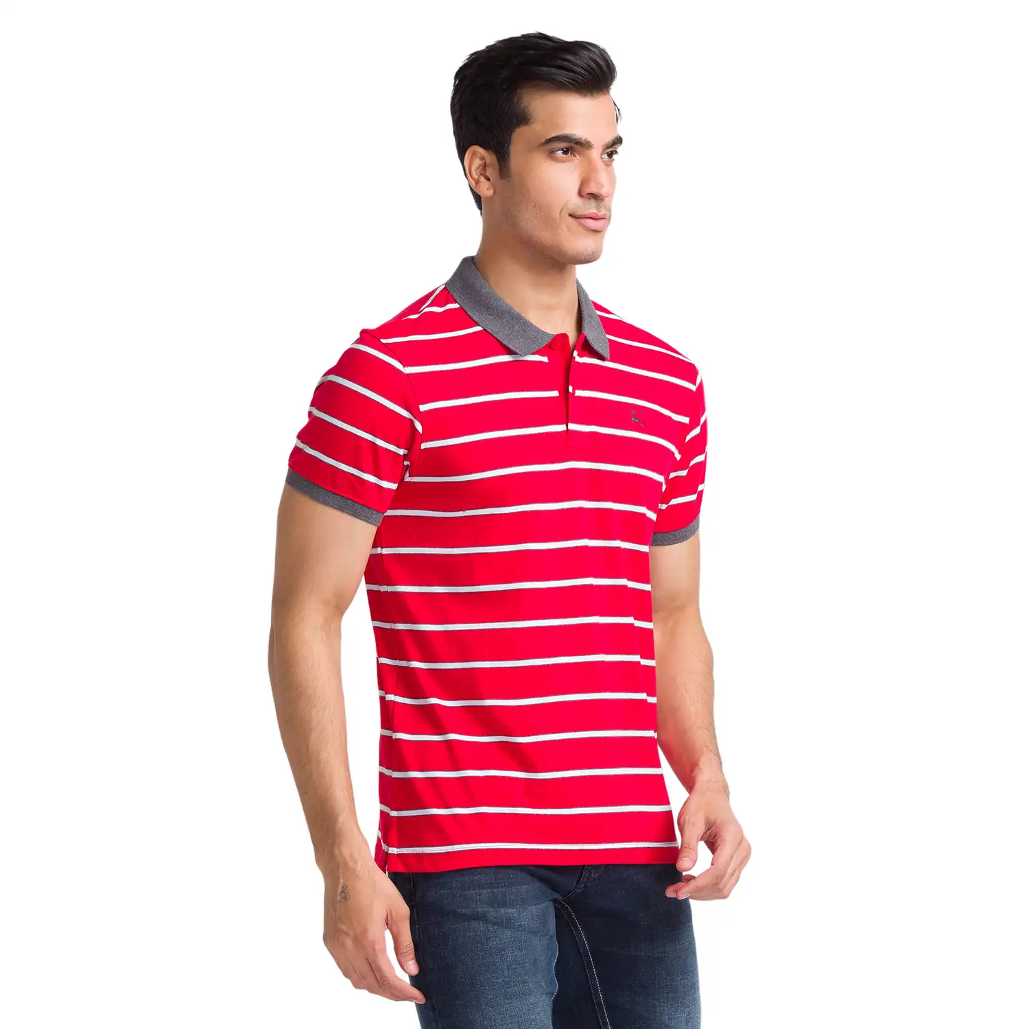Men Red Regular Fit Stripe Cotton Round Neck Collar Polo T-Shirt - Image 2