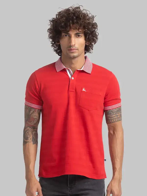 Men Red Regular Fit Structure Cotton Round Neck Collar Polo T-Shirt