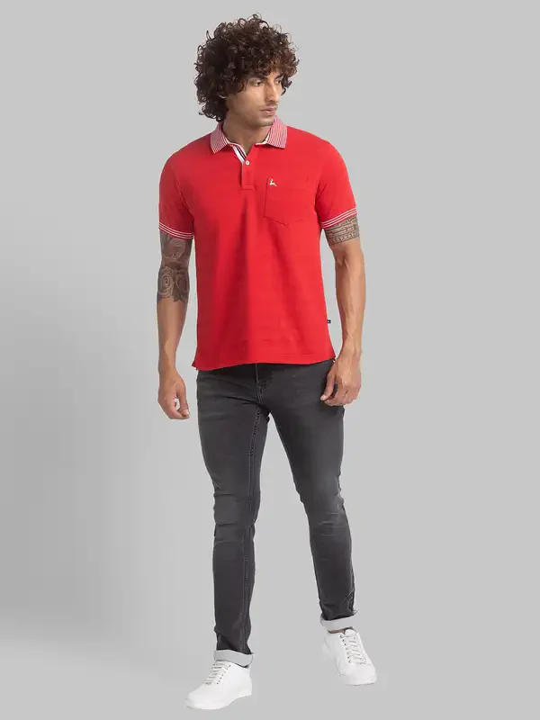 Men Red Regular Fit Structure Cotton Round Neck Collar Polo T-Shirt - Image 5