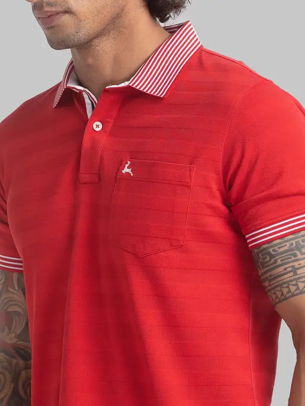 Men Red Regular Fit Structure Cotton Round Neck Collar Polo T-Shirt - Image 6