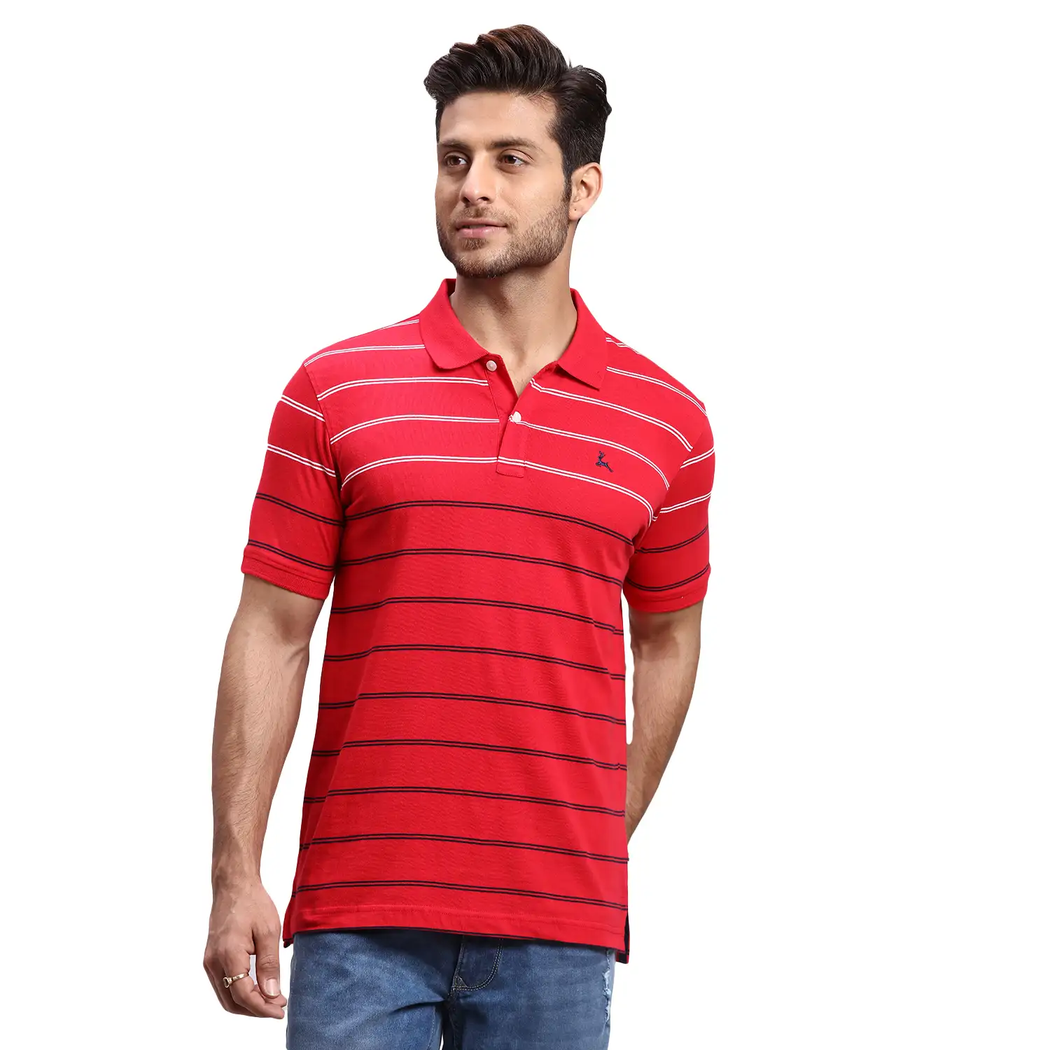 Men Red Regular Fit Yarn Dyed Cotton Round Neck Collar Polo T-Shirt