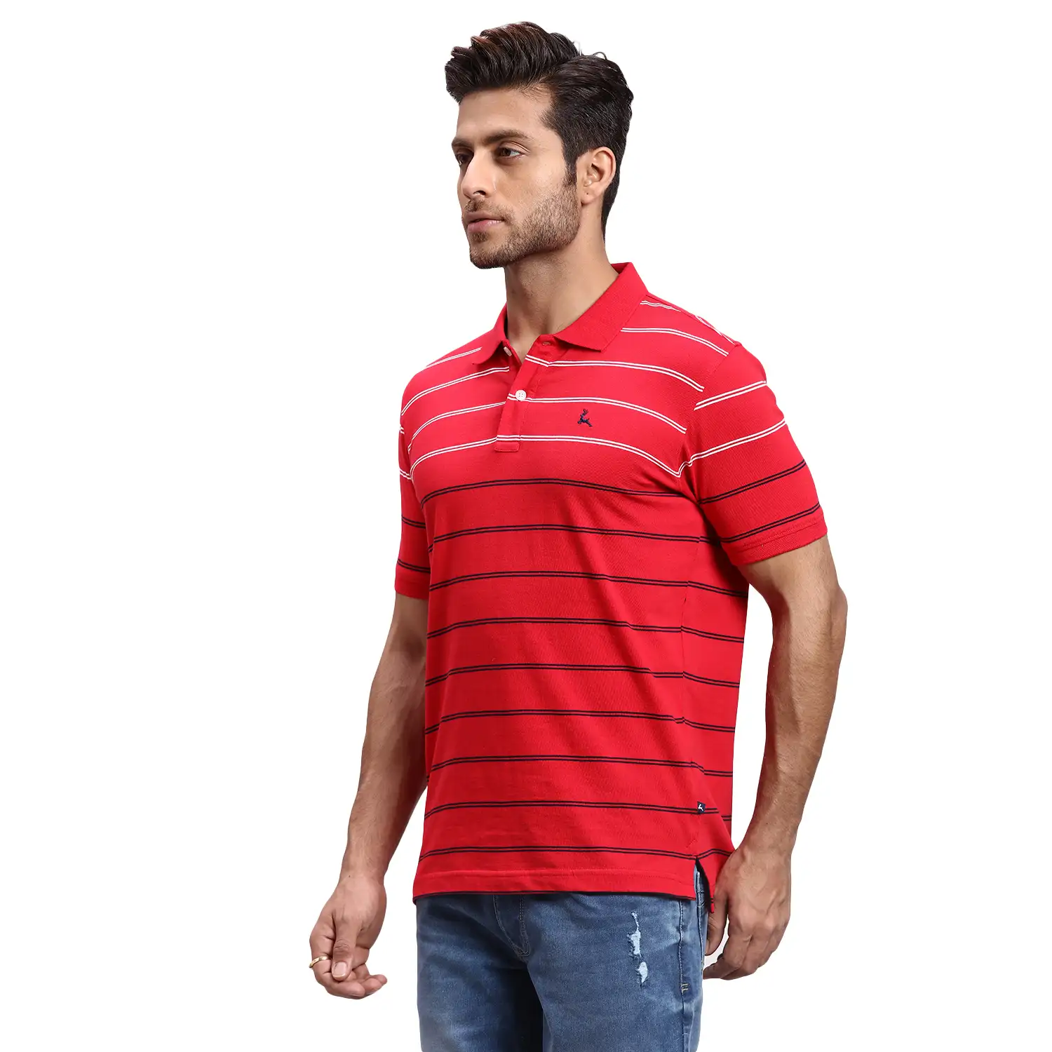 Men Red Regular Fit Yarn Dyed Cotton Round Neck Collar Polo T-Shirt - Image 3
