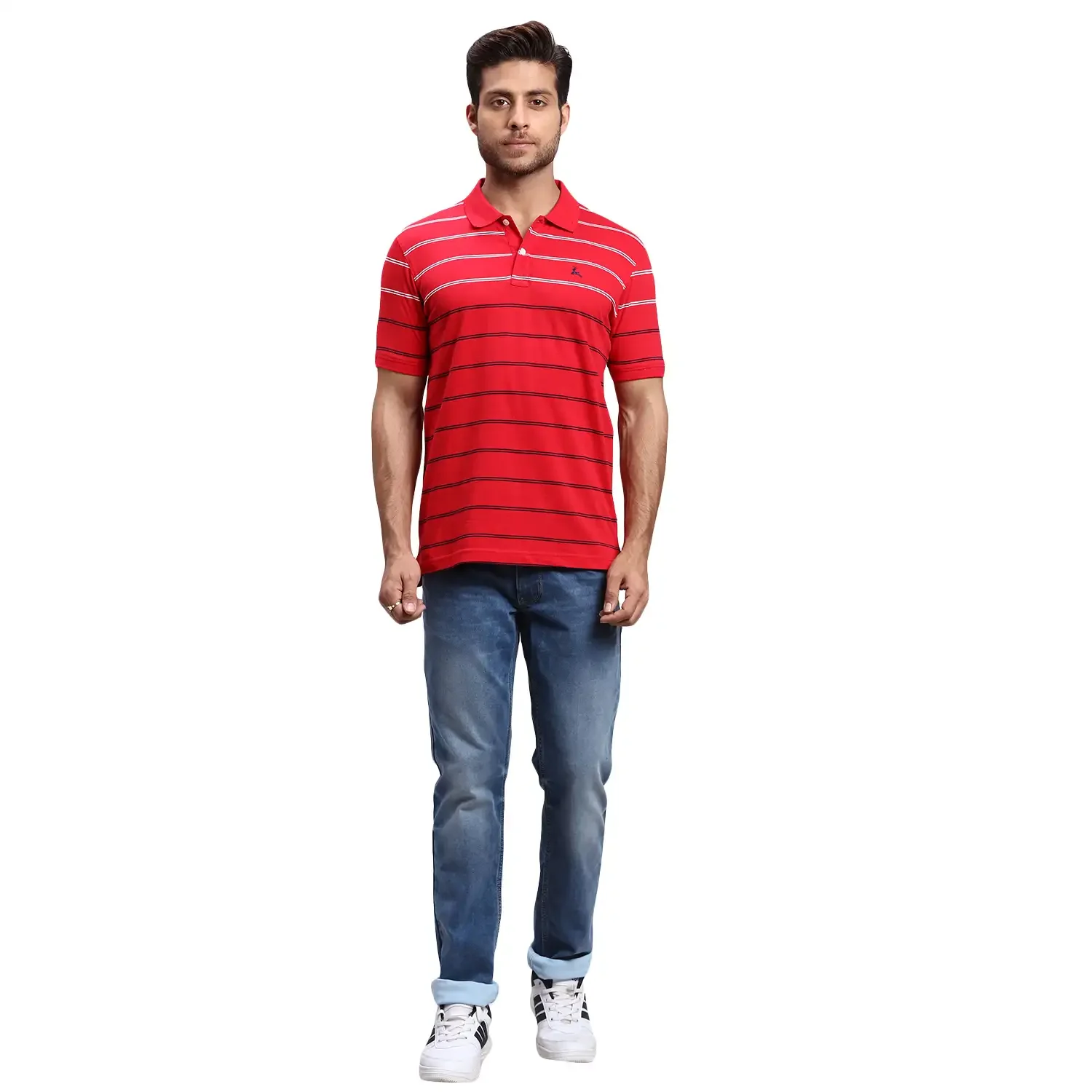 Men Red Regular Fit Yarn Dyed Cotton Round Neck Collar Polo T-Shirt - Image 5