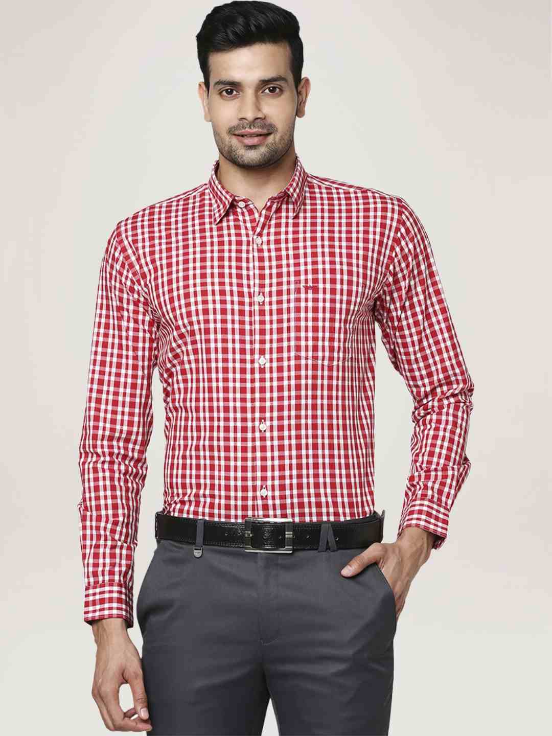 Men Red Slim Fit Checks Cotton Blend Regular Collar Shirts - Image 4