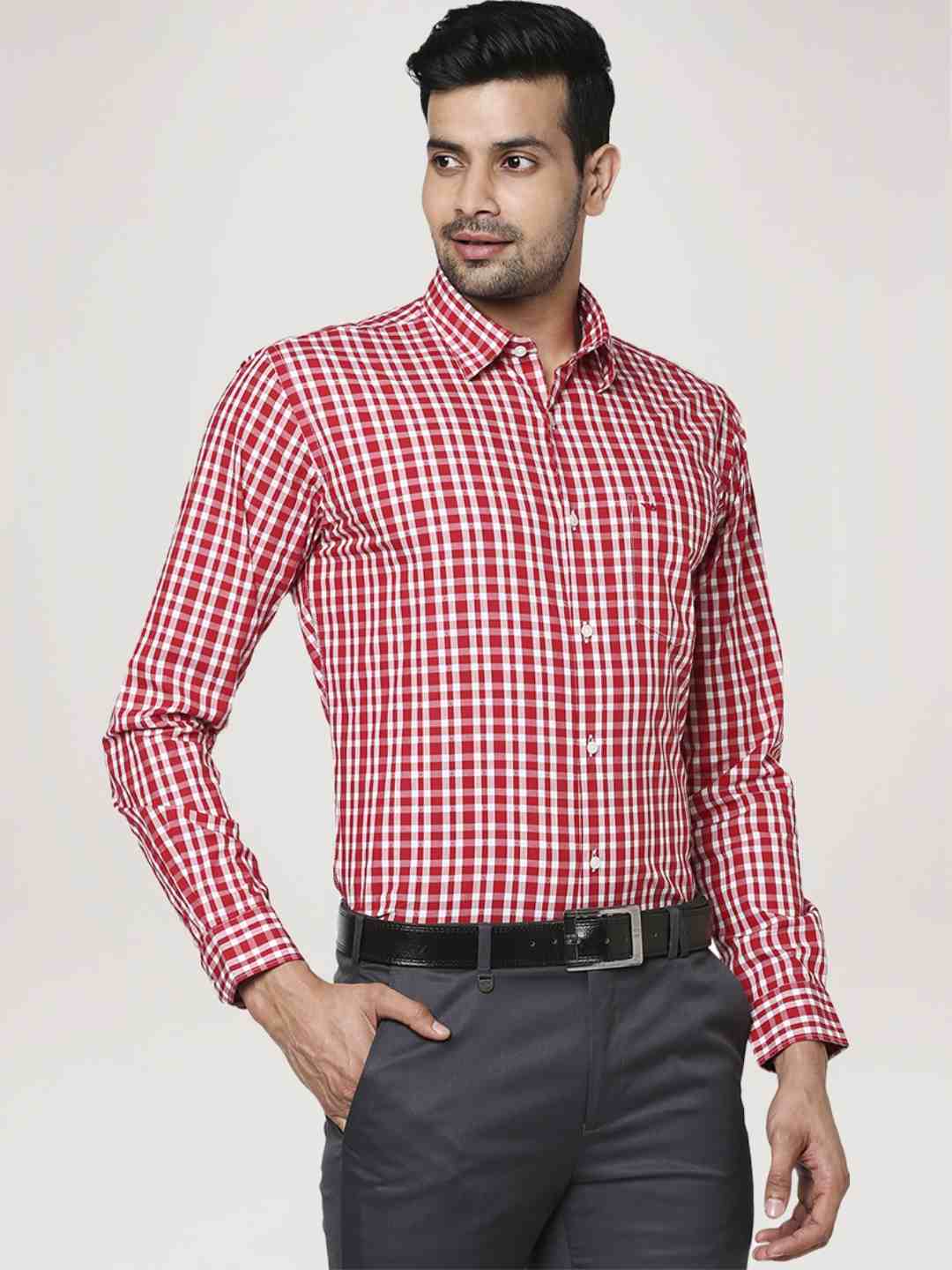 Men Red Slim Fit Checks Cotton Blend Regular Collar Shirts - Image 5