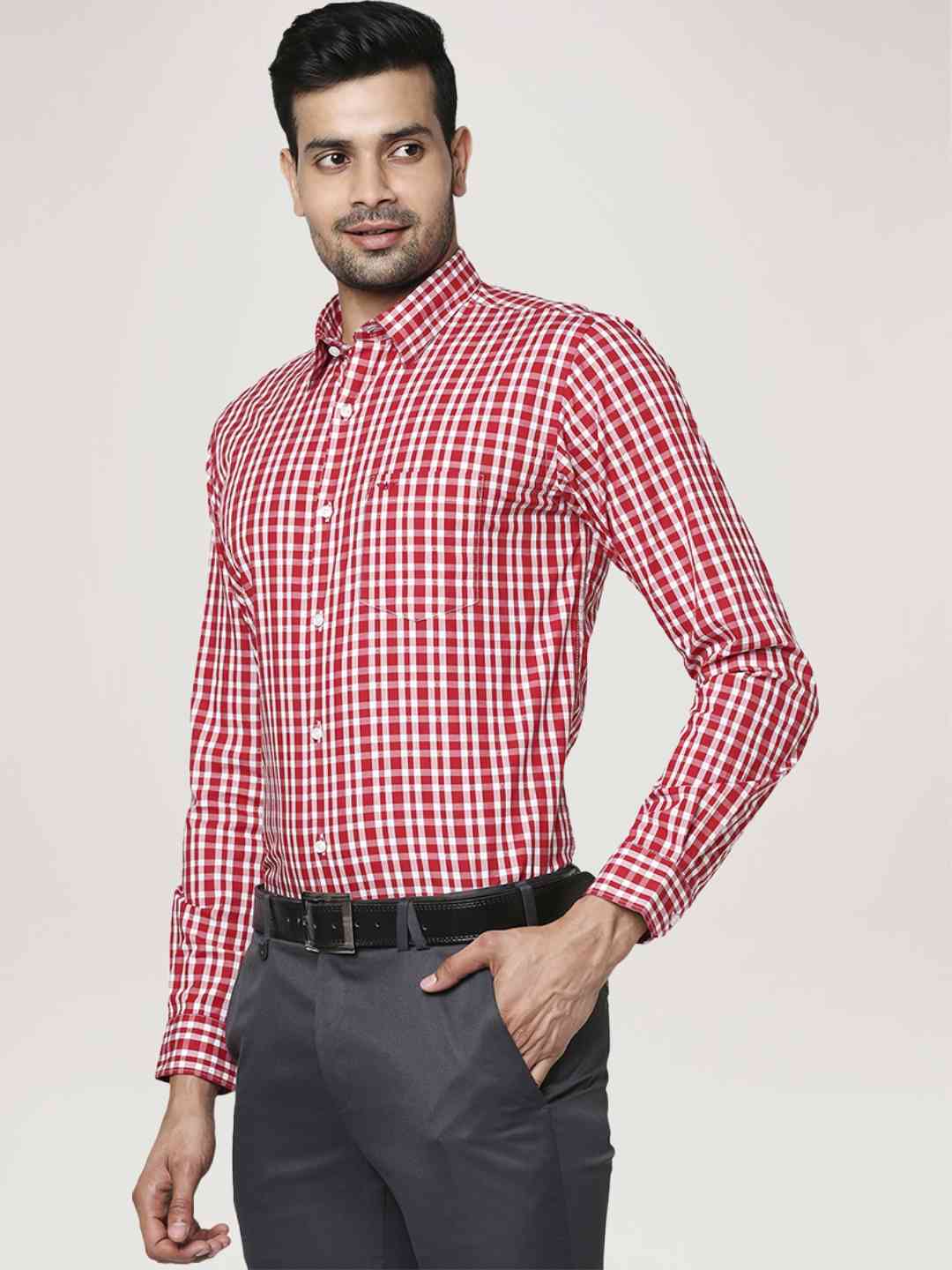 Men Red Slim Fit Checks Cotton Blend Regular Collar Shirts - Image 6