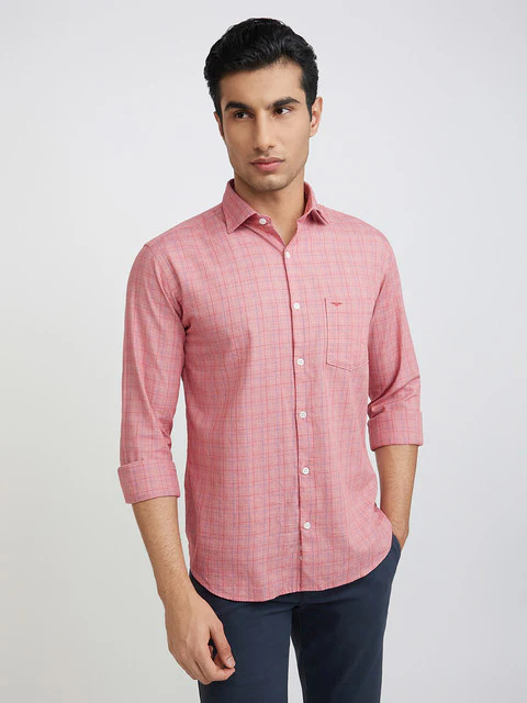 Men Red Slim Fit Checks Cotton Cut Away Collar Shirts