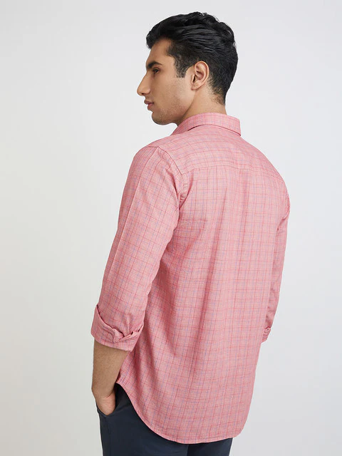 Men Red Slim Fit Checks Cotton Cut Away Collar Shirts - Image 4