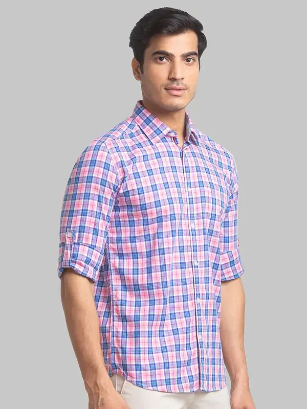 Men Red Slim Fit Checks Cotton Full Sleeve Shirts - Image 2