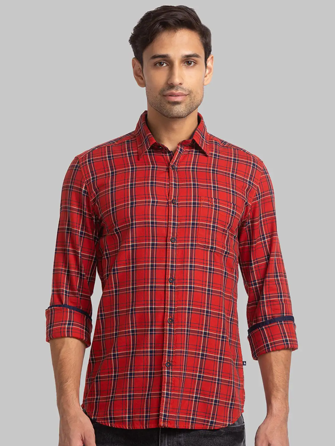 Men Red Slim Fit Checks Cotton Full Sleeve Shirts