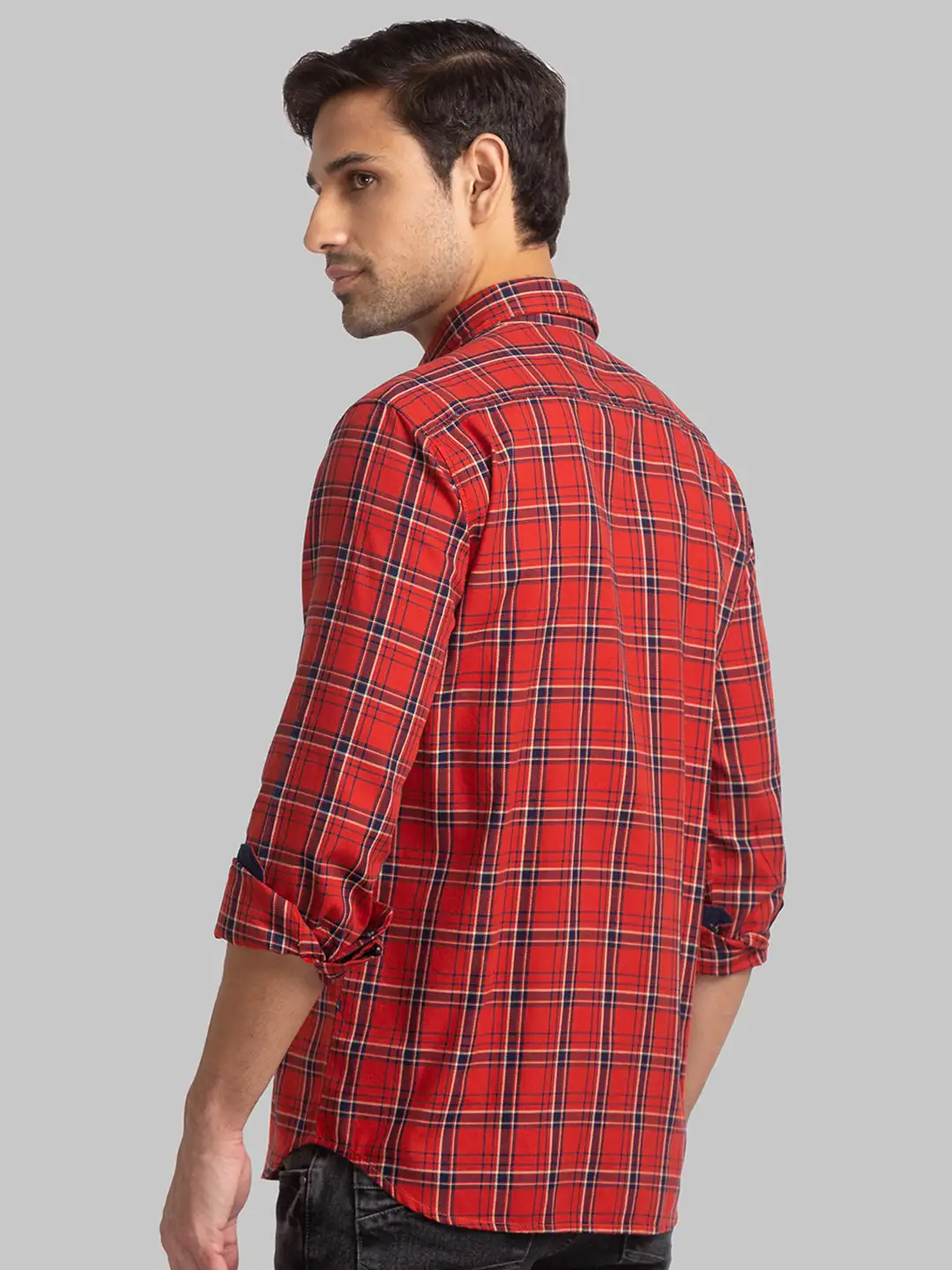 Men Red Slim Fit Checks Cotton Full Sleeve Shirts - Image 4