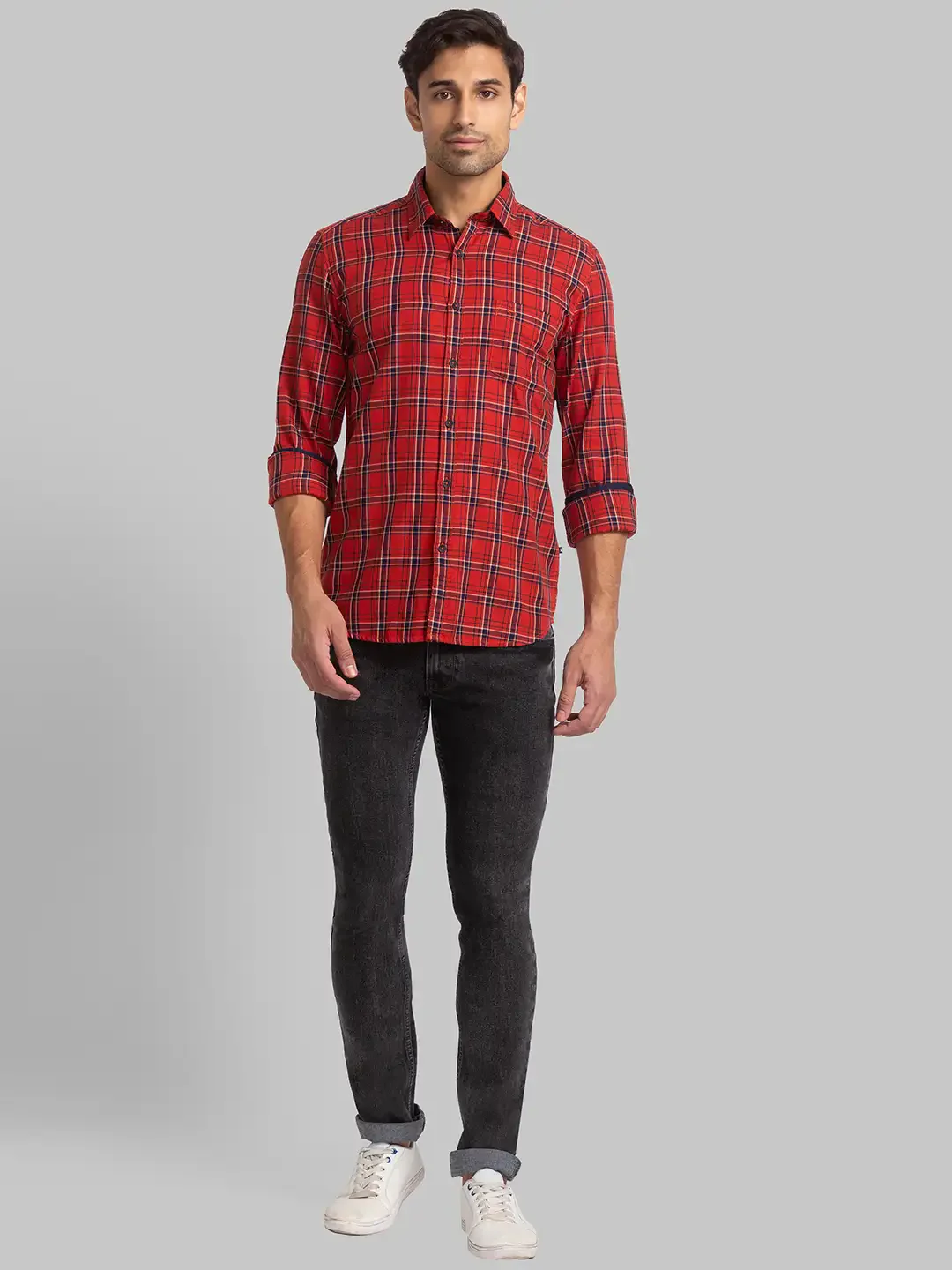 Men Red Slim Fit Checks Cotton Full Sleeve Shirts - Image 5