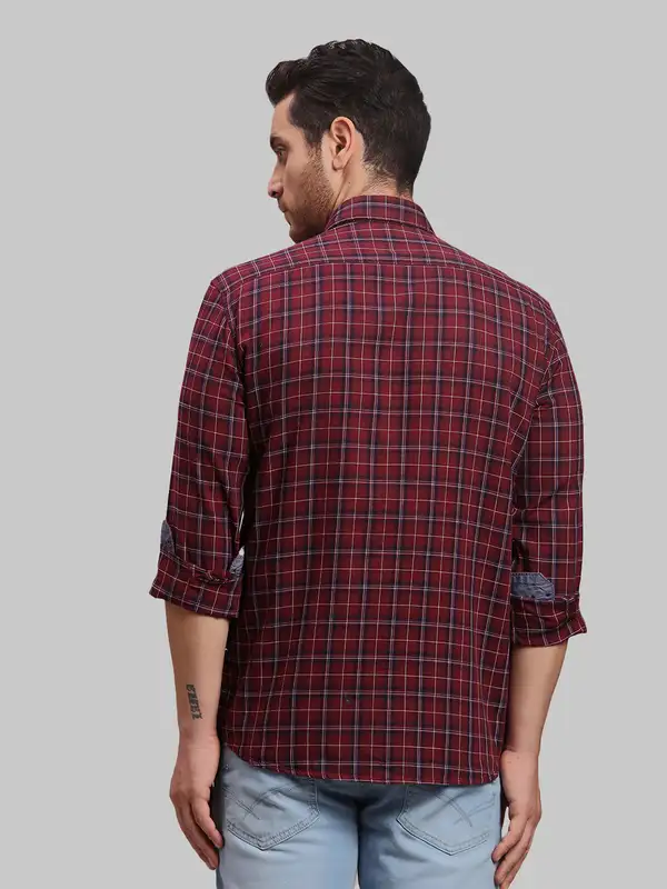 Men Red Slim Fit Checks Cotton Full Sleeve Shirts - Image 4