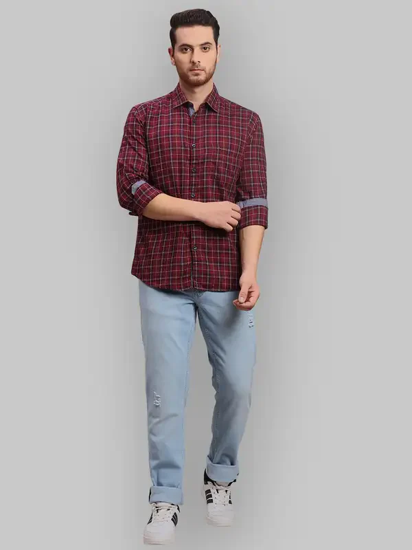 Men Red Slim Fit Checks Cotton Full Sleeve Shirts - Image 5