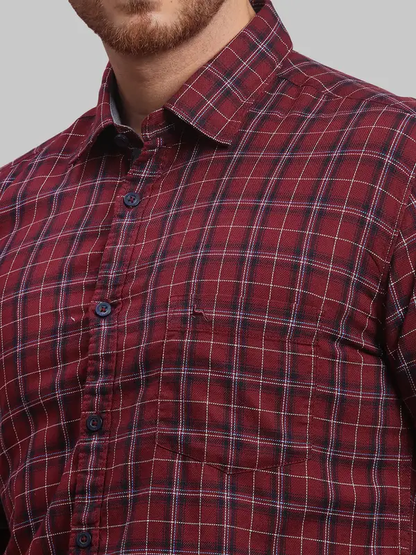 Men Red Slim Fit Checks Cotton Full Sleeve Shirts - Image 6