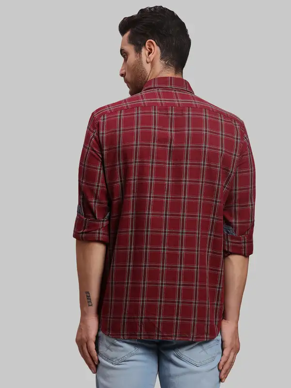 Men Red Slim Fit Checks Cotton Full Sleeve Shirts - Image 4