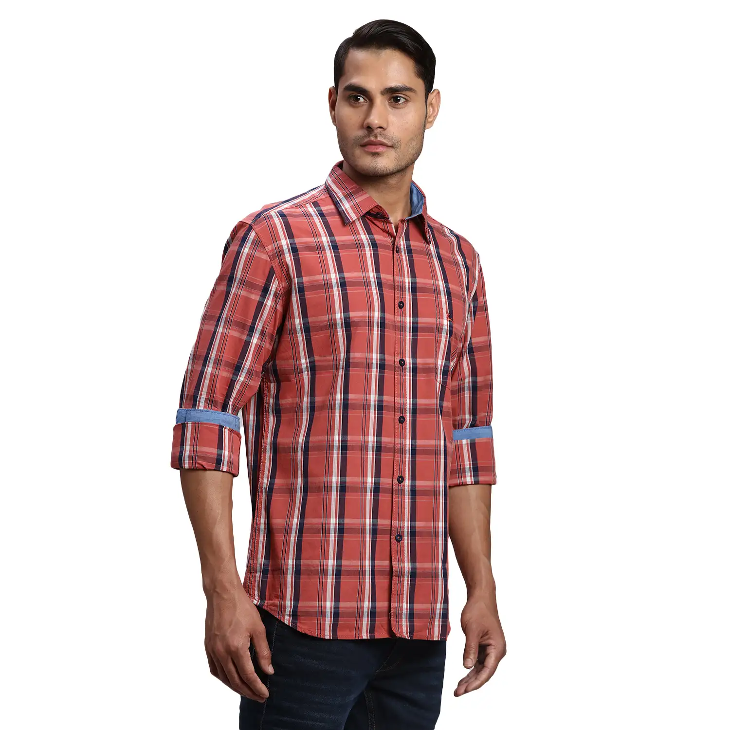 Men Red Slim Fit Checks Cotton Full Sleeve Shirts - Image 2