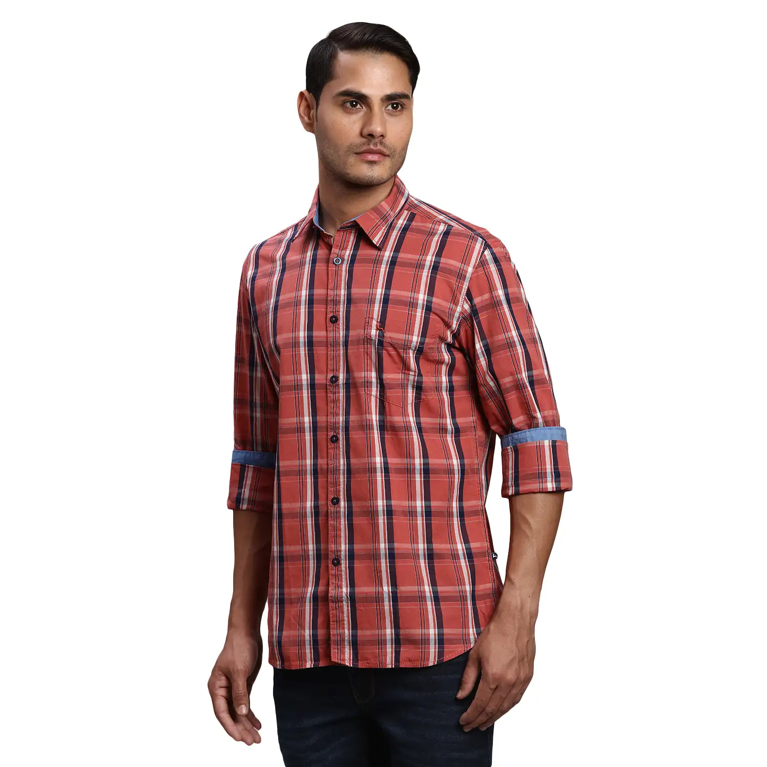 Men Red Slim Fit Checks Cotton Full Sleeve Shirts - Image 3