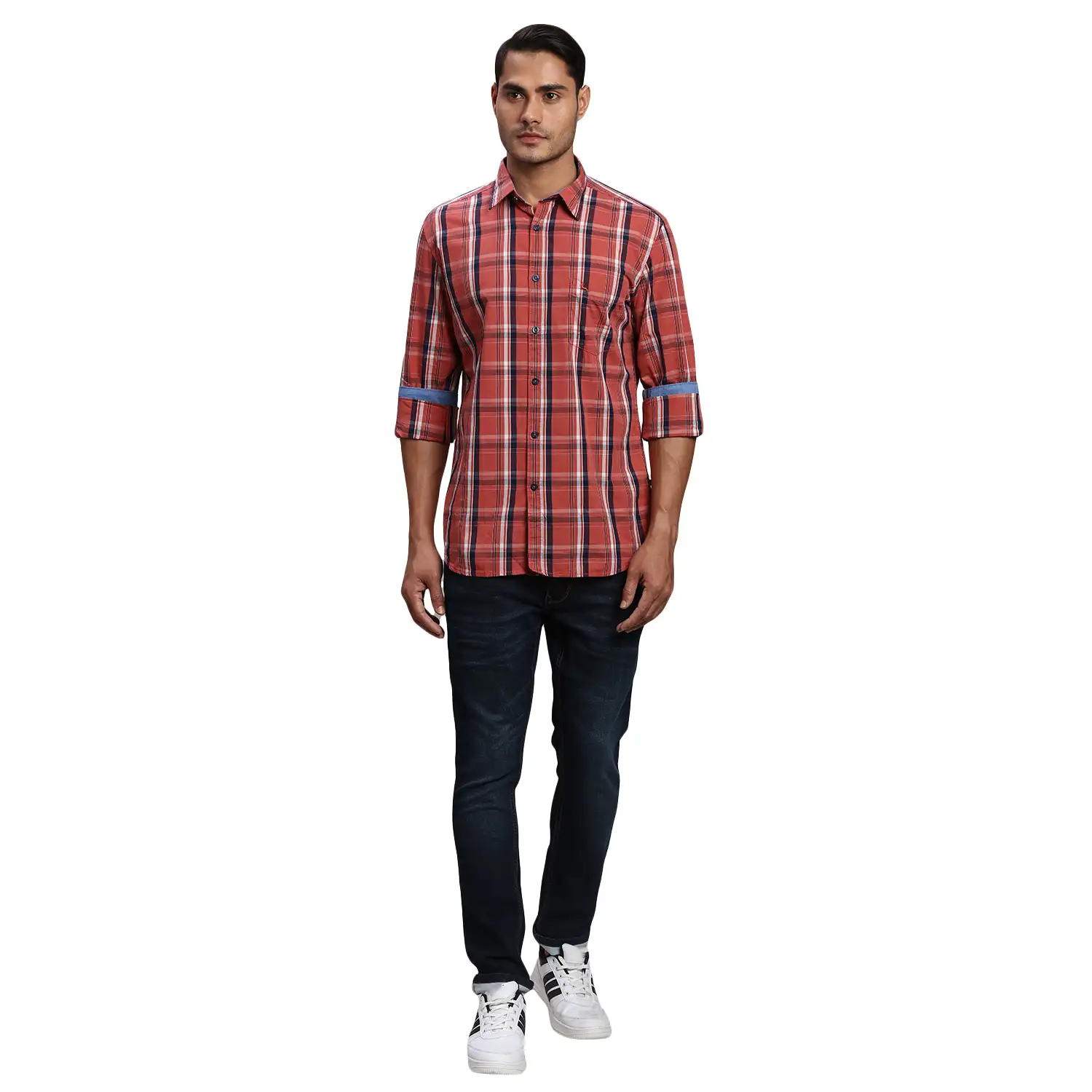 Men Red Slim Fit Checks Cotton Full Sleeve Shirts - Image 5