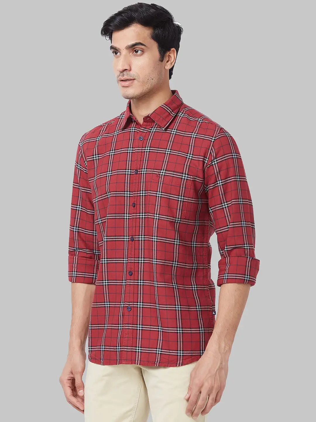 Men Red Slim Fit Checks Cotton Full Sleeve Shirts - Image 3