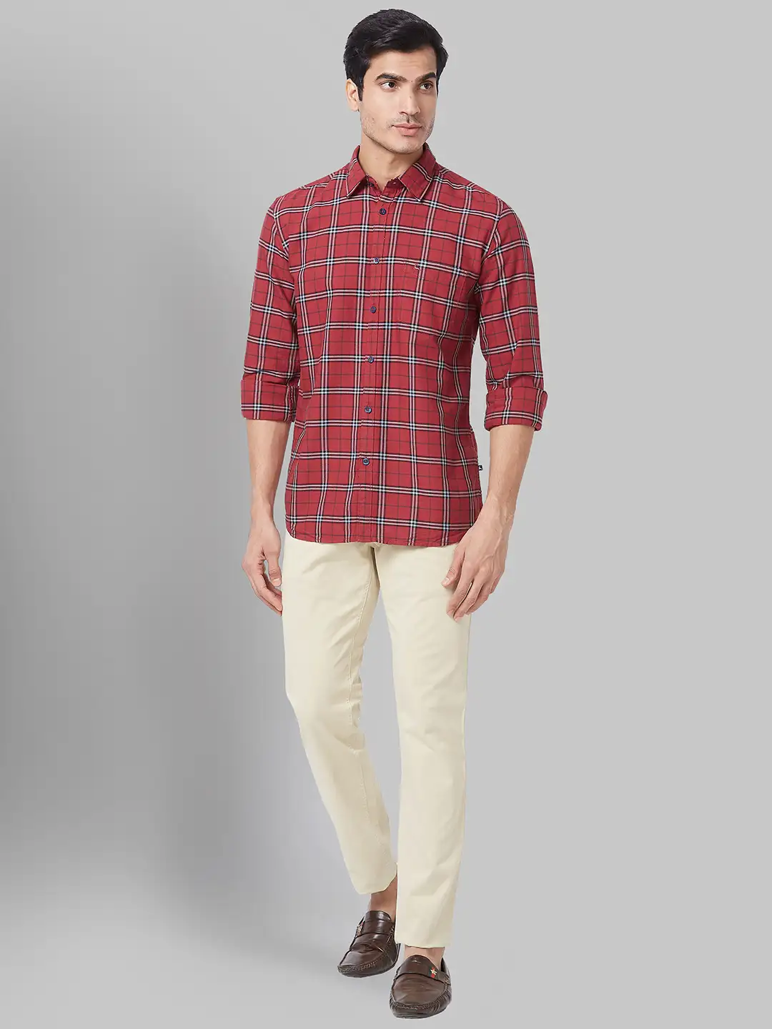 Men Red Slim Fit Checks Cotton Full Sleeve Shirts - Image 5
