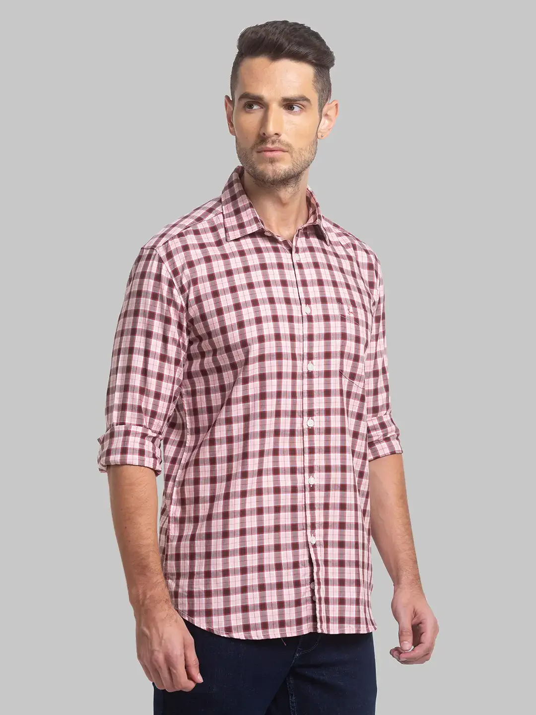 Men Red Slim Fit Checks Cotton Full Sleeve Shirts - Image 2
