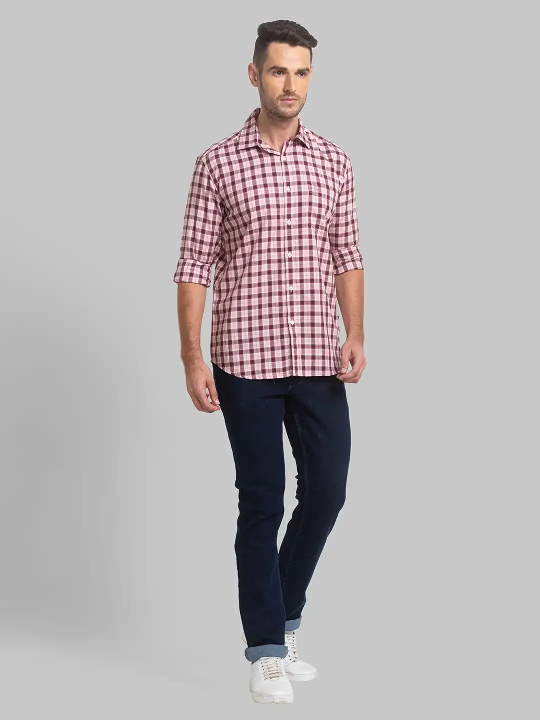 Men Red Slim Fit Checks Cotton Full Sleeve Shirts - Image 5