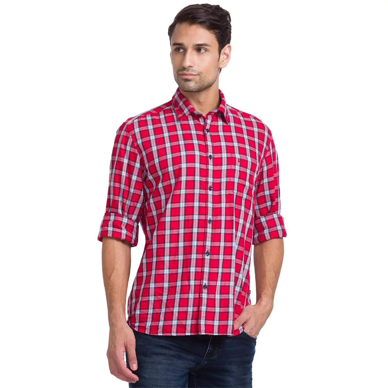 Men Red Slim Fit Checks Cotton Full Sleeve Shirts - Image 2
