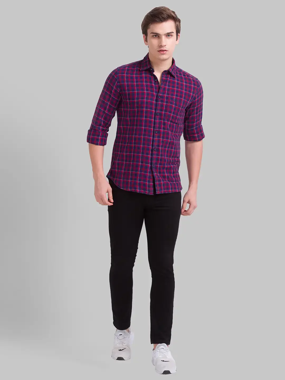 Men Red Slim Fit Checks Cotton Full Sleeve Shirts - Image 5