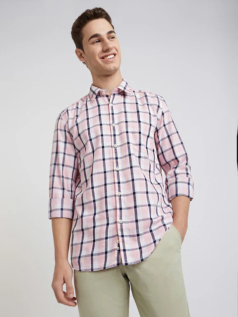 Parx Men Pink Checks Slim Fit Cotton Casual Shirt