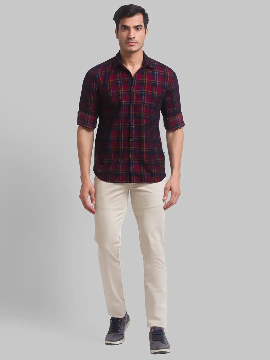 Men Red Slim Fit Checks Cotton Full Sleeve Shirts - Image 5