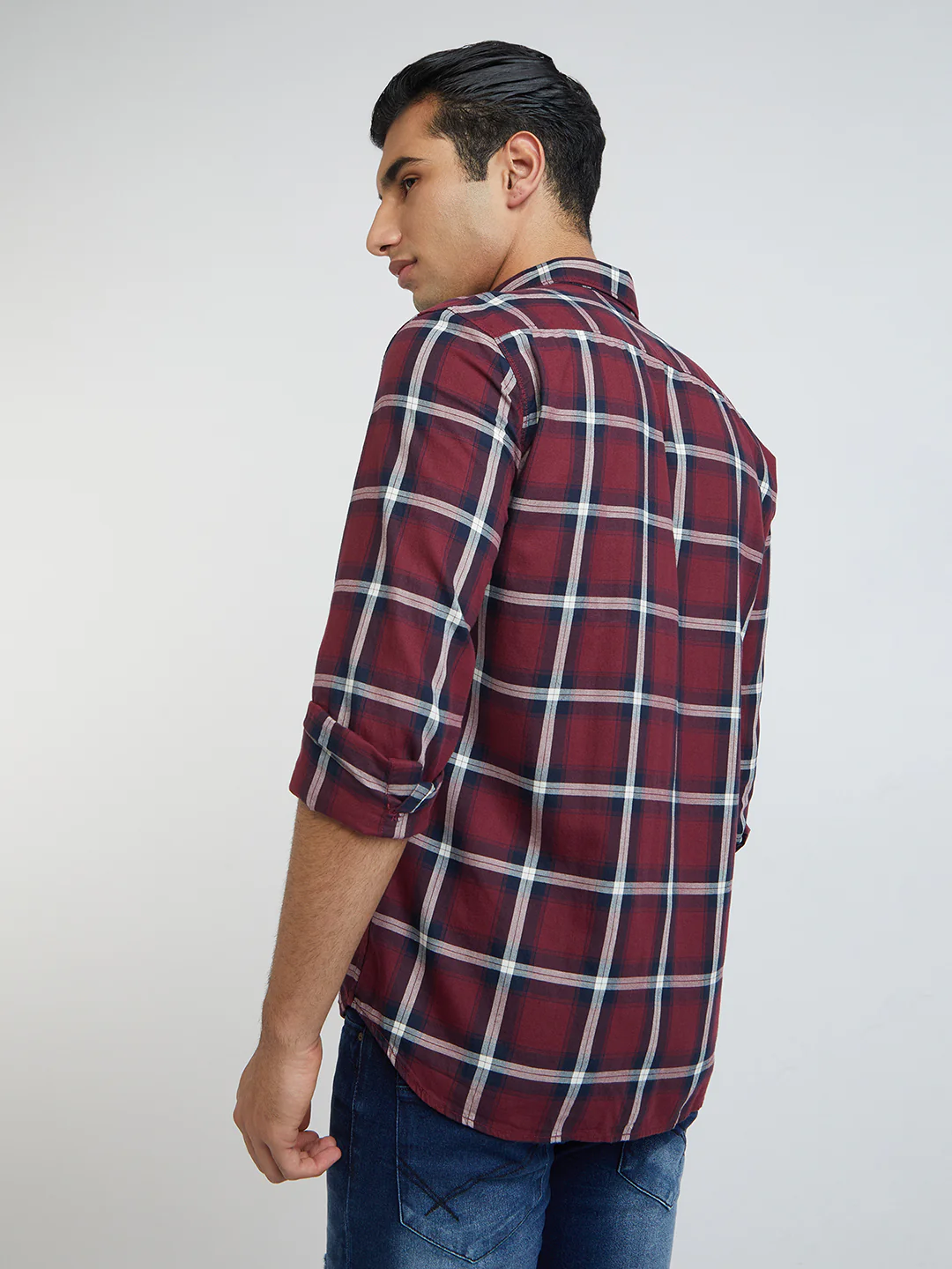 Men Red Slim Fit Checks Cotton Full Sleeve Shirts - Image 4