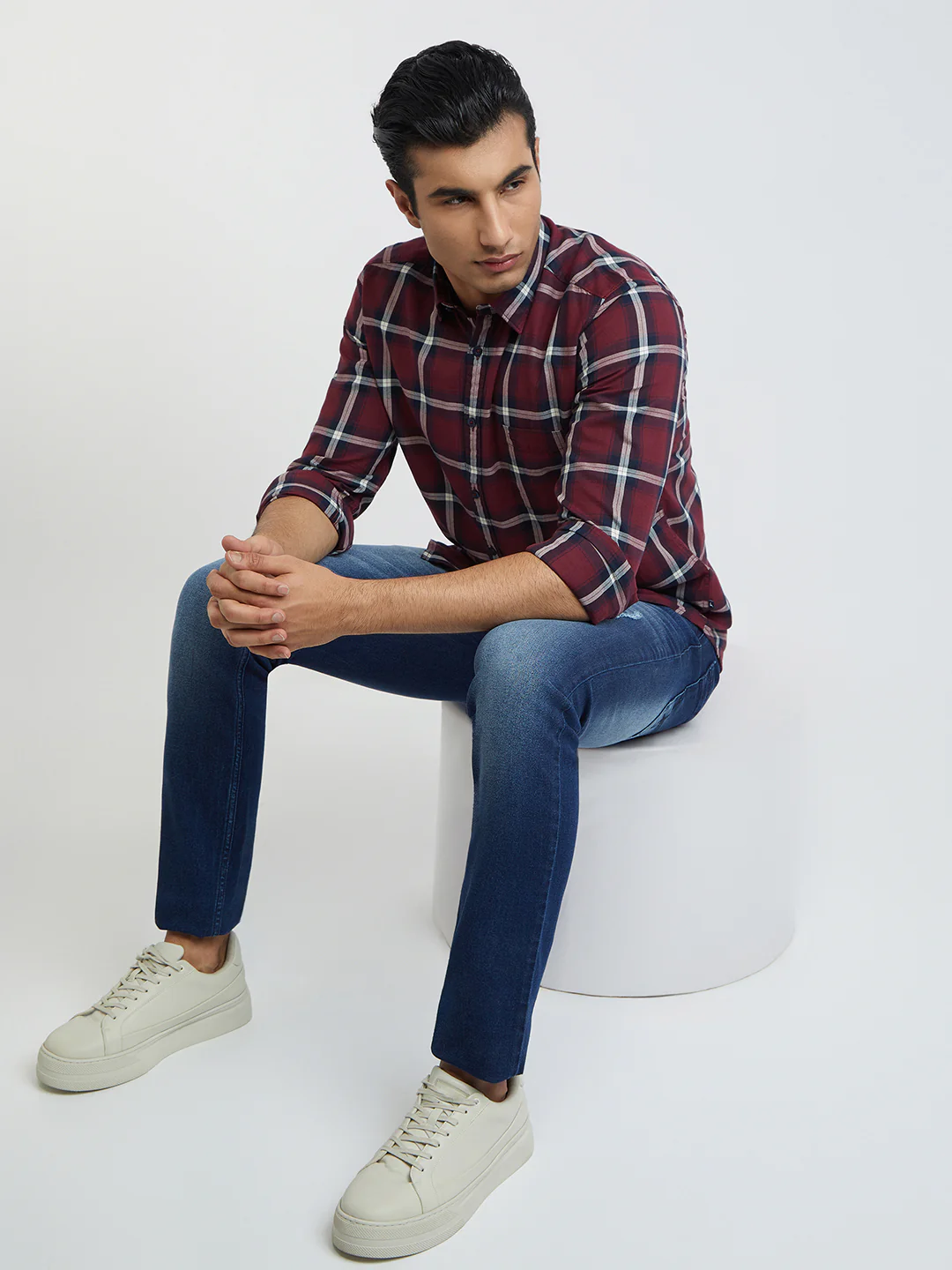 Men Red Slim Fit Checks Cotton Full Sleeve Shirts - Image 5