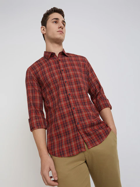 Men Red Slim Fit Checks Cotton Full Sleeve Shirts - Image 2