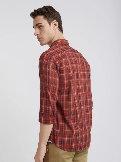 Men Red Slim Fit Checks Cotton Full Sleeve Shirts - Image 4