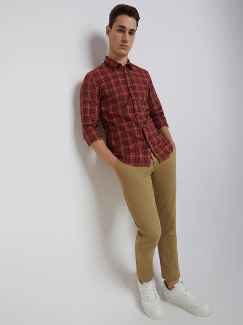 Men Red Slim Fit Checks Cotton Full Sleeve Shirts - Image 5