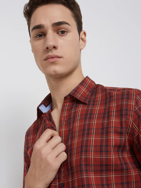 Men Red Slim Fit Checks Cotton Full Sleeve Shirts - Image 6