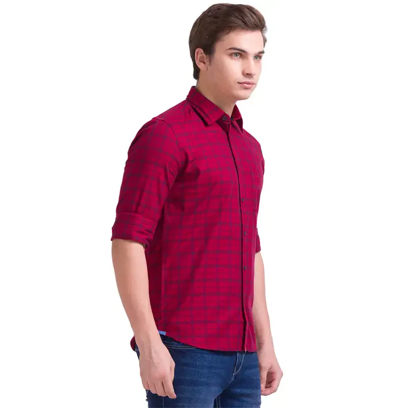 Men Red Slim Fit Checks Cotton Full Sleeve Shirts - Image 2
