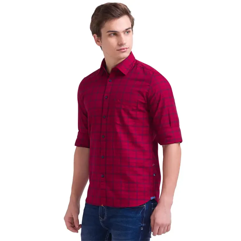 Men Red Slim Fit Checks Cotton Full Sleeve Shirts - Image 3