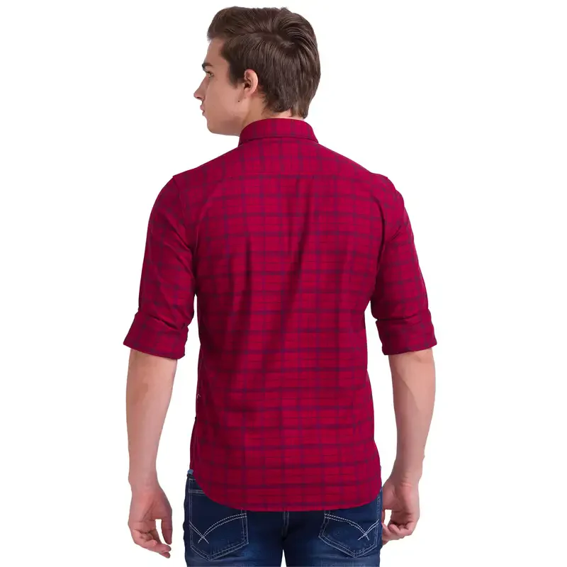 Men Red Slim Fit Checks Cotton Full Sleeve Shirts - Image 4